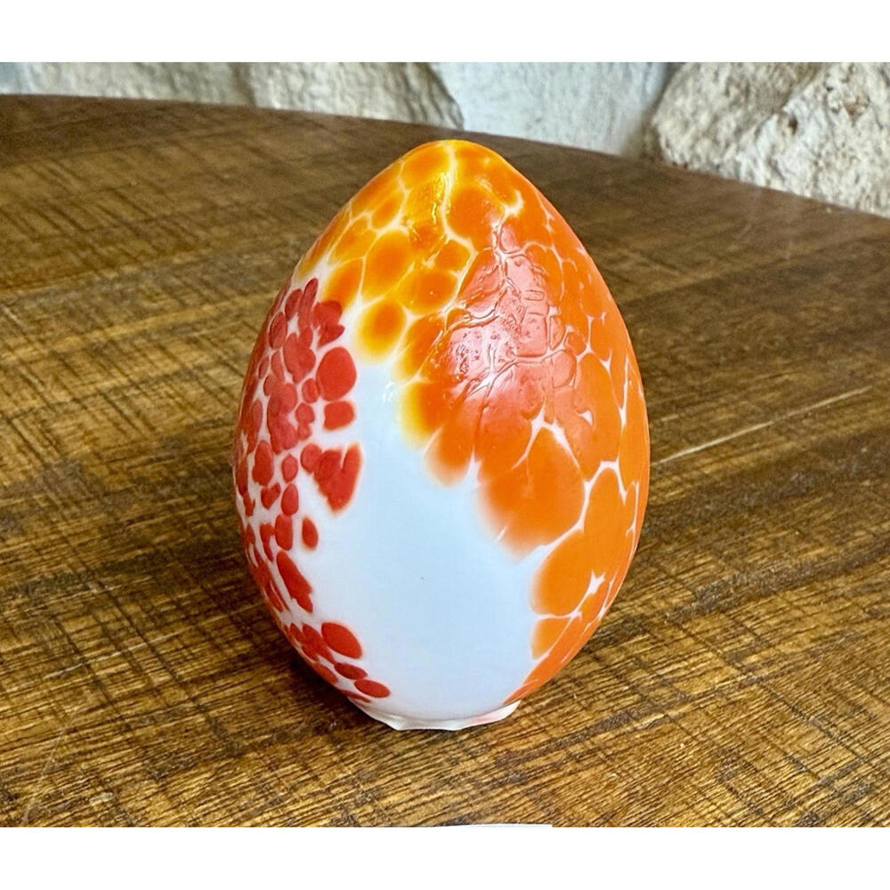 2 Vintage Bohdana Czech Art Glass Eggs Orange Red Spatter Hand Blown Paperweight - Picture 4 of 8